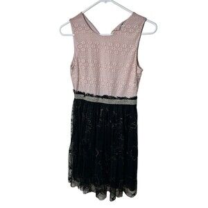 AUW Pink Lace Black Tulle Dress With Gold Accents Girls Size 16 Formal Dance